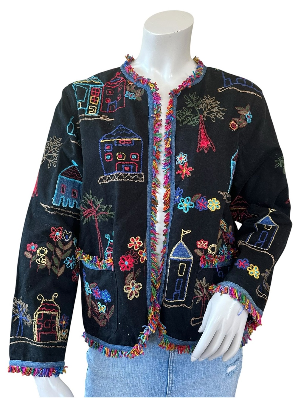 Vintage Chico’s Cotton Black Floral House Embroidered Rainbow Trim Jacket Medium